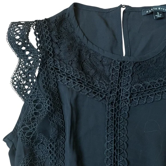 Haute Monde Black Flare Fit Lace Crochet Embroidered Peplum Blouse - Picture 9 of 11